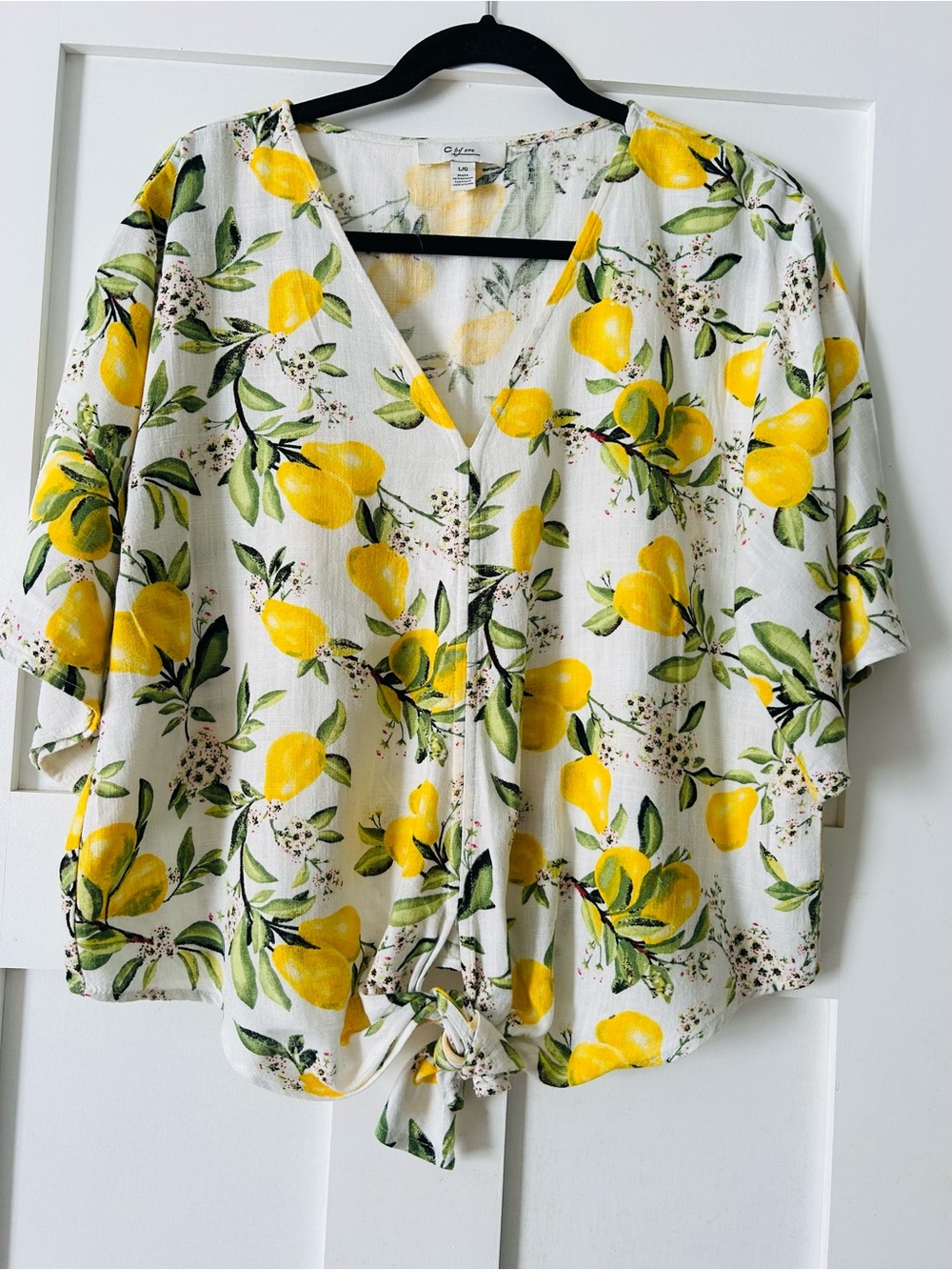 Women's pear Print Tie-Front V-Neck Top - White/Yellow
